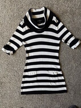Striped Black & White Cowl Neck Sweater Dress or Long Tunic Sz XL